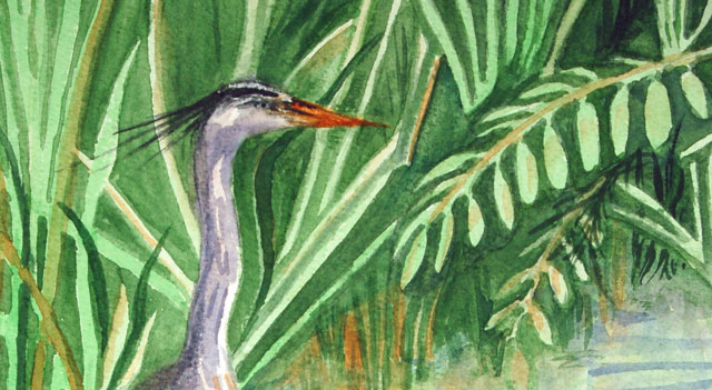 negative painting example - heron with waterside foliage